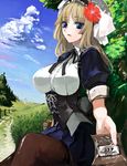  blonde_hair blue_eyes copyright_request corset flower hat long_hair pantyhose pov pupps skirt solo 