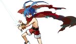  antenna_hair blue_hair bracelet disgaea energy_sword grin jewelry laharl male_focus red_eyes red_scarf red_shorts scarf shirtless shorts smile solo starshadowmagician sword weapon white_background 