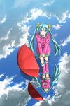  aqua_eyes aqua_hair bad_id bad_pixiv_id boots cloud coat day from_above hair_ribbon hatsune_miku long_hair mid_knight pink_footwear reflection ribbon ripples rubber_boots skirt sky smile solo twintails umbrella vocaloid water 