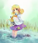  blonde_hair brown_eyes faux_traditional_media hair_ribbon hat hat_removed headwear_removed highres looking_at_viewer moriya_suwako pyonta ribbon rotan short_hair sleeves_past_wrists smile solo teardrop tentacles thighhighs touhou wading water white_legwear wide_sleeves zettai_ryouiki 