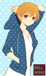  blush brown_eyes brown_hair hijiri_ruka hood hoodie open_mouth persona persona_4 polka_dot satonaka_chie short_hair solo tomboy 