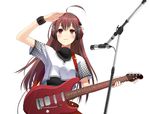  :3 ahoge arm_up bangs blush brown_hair cable copyright_request electric_guitar eyebrows_visible_through_hair guitar headphones instrument long_hair looking_away looking_up microphone microphone_stand red_eyes shading_eyes shiden_(t41xz) short_sleeves simple_background solo studio_microphone white_background wristband 