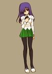  bow breasts brown_background hair_over_one_eye hand_on_own_chest ikezawa_hanako katawa_shoujo large_breasts pantyhose puffy_sleeves purple_hair school_uniform simple_background skirt tokyonoir 