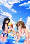  akiyama_mio bad_id bad_pixiv_id bikini black_hair blonde_hair blue_eyes brown_eyes brown_hair day highres hirasawa_yui k-on! kotobuki_tsumugi laida multiple_girls ocean one_eye_closed side-tie_bikini smile swimsuit tainaka_ritsu water 