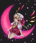  blonde_hair crescent_moon flandre_scarlet hat masaru.jp moon one_side_up ponytail red_eyes red_moon short_hair sitting solo touhou wings 
