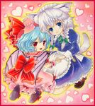  animal_ears bad_id bad_pixiv_id bat_wings blue_eyes blue_hair braid dog_ears dog_tail fang hat izayoi_sakuya kemonomimi_mode kneeling multiple_girls red_eyes remilia_scarlet sakurai_tamako short_hair silver_hair tail touhou traditional_media twin_braids wings 