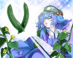  backpack bag blue_eyes blue_hair cucumber flower hair_bobbles hair_ornament hat kawashiro_nitori notsuki_miko short_hair solo touhou twintails two_side_up 