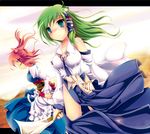  detached_sleeves frog gohei green_eyes green_hair hair_ornament ichirino_minagi kochiya_sanae multiple_girls onozuka_komachi red_eyes red_hair short_hair snake touhou two_side_up 