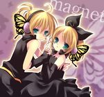  1girl ahoge blonde_hair brother_and_sister butterfly_wings green_eyes hair_ornament hair_ribbon hairclip headphones holding_hands kagamine_len kagamine_rin kosuzume magnet_(vocaloid) ribbon short_hair siblings twins vocaloid wings 