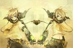  1girl belt blonde_hair blue_eyes brother_and_sister detached_sleeves hair_ornament hair_ribbon hairclip headphones headset kagamine_len kagamine_rin microphone midriff necktie ribbon short_hair shorts siblings tomsan twins vocaloid yellow 