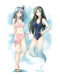  bikini blue_eyes breasts cleavage green_eyes green_hair grey_hair hair_bobbles hair_ornament highres large_breasts long_hair mima multiple_girls one-piece_swimsuit reon_(saikyou) sandals shinki side_ponytail silver_hair swimsuit touhou 