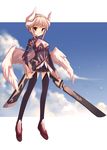  bad_id bad_pixiv_id fantasy hairband horns original peach_(momozen) pointy_ears red_eyes skirt smile solo sword thighhighs weapon white_hair wings 