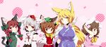  animal_ears bad_id bad_pixiv_id blonde_hair braid brown_eyes brown_hair bunny_ears bunny_tail cat_ears cat_tail chen detached_sleeves earrings fox_ears fox_tail hair_ribbon hat heart ichihaya inaba_tewi inubashiri_momiji jewelry kaenbyou_rin multiple_girls multiple_tails odd_one_out red_eyes red_hair ribbon sakuranchu short_hair tail tokin_hat touhou twin_braids twintails white_hair wolf_ears wolf_tail yakumo_ran 