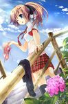  ayakaze_ryuushou blue_eyes brown_hair highres necktie one_eye_closed original plaid plaid_neckwear plaid_skirt ponytail railing shoes skirt sneakers solo stairs thighhighs wet wet_clothes 