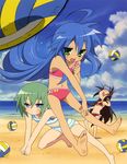  absurdres ahoge barefoot beach_volleyball bikini blue_eyes blush day dirty_feet feet flat_chest glasses green_eyes green_hair highres horiguchi_yukiko iwasaki_minami izumi_konata lucky_star mole mole_under_eye multiple_girls official_art short_hair soles swimsuit tamura_hiyori toes volleyball 