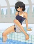  amagami argon arm_support bad_id bad_pixiv_id bare_shoulders barefoot black_hair blush brown_hair caustics competition_swimsuit feet frown looking_at_viewer nanasaki_ai one-piece_swimsuit one-piece_tan pool poolside reflection short_hair sitting soaking_feet solo spread_legs strap_slip swimsuit tan tanline water 