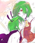  akaya antennae ascot breasts cape crying crying_with_eyes_open green_eyes green_hair holding_hands kazami_yuuka light_smile medium_breasts multiple_girls open_mouth parasol plaid plaid_vest red_eyes short_hair tears touhou umbrella upper_body vest wriggle_nightbug 