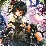  aquarian_age belt black_hair flower gothic_lolita gotou_nao grey_eyes lolita_fashion pentagram petals short_hair sitting skirt solo thorns 