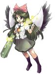  arm_cannon bad_id bad_pixiv_id black_hair black_wings bow dutch_angle hair_bow long_hair nise_nanatsura red_eyes reiuji_utsuho skirt socks solo touhou weapon wings 