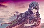  bad_id bad_pixiv_id black_hair cloud curly_hair dress green_eyes long_hair moon original shawl shoumaru_(gadget_box) sky solo striped twilight very_long_hair 