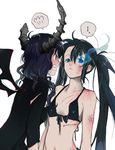  2girls angry bad_id bad_pixiv_id bikini_top black_hair black_rock_shooter black_rock_shooter_(character) blue_eyes bruise burning_eye crying crying_with_eyes_open dead_master front-tie_top green_eyes horns injury kanke_(yonkuma) long_hair looking_at_another looking_away multiple_girls navel scar speech_bubble spoken_ellipsis stitches swimsuit tears torn_clothes twintails uneven_twintails very_long_hair wings 
