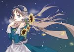  axis_powers_hetalia belarus_(hetalia) breath dress flower hair_ribbon long_hair naoto_(tulip) night petals red_nose ribbon scarf silver_hair snow solo striped sunflower winter 