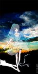  aruco bakemonogatari barefoot blue_eyes breasts cleavage cloud dress long_hair medium_breasts monogatari_(series) ribbon scenery senjougahara_hitagi sky solo transparent 