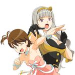  a1 armpits beyond_the_nobles breasts brown_eyes brown_hair cleavage cute_&amp;_girly_(idolmaster) flat_chest futami_ami gloves grey_hair hairband hands idolmaster idolmaster_(classic) large_breasts long_hair multiple_girls one_eye_closed pink_eyes shijou_takane short_hair yellow_hairband 