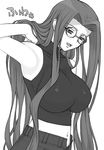  armpits breasts fate/stay_night fate_(series) glasses greyscale large_breasts long_hair midriff monochrome navel rider shichimenchou simple_background sleeveless sleeveless_turtleneck solo turtleneck unzipped 