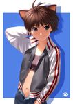  animal_ears antenna_hair brown_hair cat_ears flat_chest idolmaster idolmaster_(classic) jacket kikuchi_makoto navel nekopuchi raglan_sleeves smile solo sports_bra unzipped 