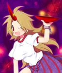  bad_id bad_pixiv_id blonde_hair breasts cup gym_uniform horn hoshiguma_yuugi kiri_futoshi large_breasts leaning_forward long_hair messy_hair one_eye_closed oni puffy_short_sleeves puffy_sleeves red_eyes sakazuki shirt short_sleeves skirt solo t-shirt touhou very_long_hair 