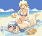  bad_id bad_pixiv_id bare_back barefoot bikini blonde_hair blue_hair blush brown_eyes day hat hat_removed headwear_removed hinanawi_tenshi hino_ryuu lying multiple_girls on_stomach purple_eyes swimsuit touhou yakumo_yukari 