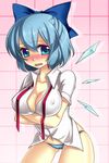  alternate_breast_size blue_eyes blue_hair blush breast_hold breasts cirno cleavage covered_nipples crossed_arms large_breasts lowleg lowleg_panties masaru.jp no_pants open_mouth panties short_hair skindentation solo striped striped_panties touhou unbuttoned underwear wings 
