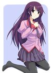  bad_id bad_pixiv_id bakemonogatari long_hair miniskirt monogatari_(series) mugenshiki necktie purple_eyes purple_hair school_uniform senjougahara_hitagi skirt smile solo thighhighs 