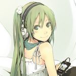  aqua_nails bangs casual digital_media_player green_hair hatsune_miku headphones long_hair looking_back nail_polish scarf scrunchie smile solo twintails upper_body vocaloid white_scrunchie yoshito 