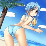  ass bad_id bad_pixiv_id banana beach bikini blue_hair brown_eyes day dutch_angle food fruit holding holding_food holding_fruit houshou_hanon mermaid_melody_pichi_pichi_pitch miru short_hair solo swimsuit 