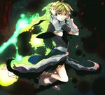  35 arm_warmers arms_up black_footwear blonde_hair cape closed_mouth dark_background dress full_body glowing green_eyes grey_legwear hands_on_own_head kneehighs light light_particles looking_at_viewer mizuhashi_parsee sash shaded_face shoes short_hair smile solo touhou 