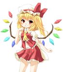  ascot blonde_hair finger_to_mouth flandre_scarlet grin hat mamedenkyuu_(berun) one_side_up ponytail red_eyes short_hair simple_background smile smirk solo thinking touhou wings 