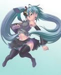  aqua_eyes aqua_hair bad_id bad_pixiv_id black_legwear detached_sleeves hatsune_miku long_hair looking_away midriff necktie shiroi_karasu solo thighhighs twintails vocaloid 