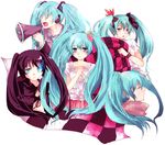  aqua_eyes aqua_hair azu_(toulove) black_hair black_rock_shooter black_rock_shooter_(character) blue_eyes burning_eye hair_ribbon hajimete_no_koi_ga_owaru_toki_(vocaloid) hatsune_miku koi_wa_sensou_(vocaloid) long_hair megaphone melt_(vocaloid) multiple_girls ribbon twintails vocaloid world_is_mine_(vocaloid) 