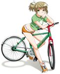  bicycle green_eyes ground_vehicle hand_on_own_cheek hand_on_own_face hands legs mattaku_mousuke midriff original ponytail shoes short_shorts shorts sneakers solo 