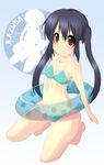  barefoot bikini black_hair brown_eyes covered_nipples ekakibito flat_chest highres innertube k-on! kneeling long_hair nakano_azusa smile solo swimsuit twintails 