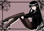  1girl black_hair feet female_protagonist_(houkago_play) formal houkago_play necktie no_skirt pantyhose skirtless solo suit tie toes yellow_eyes zerosu_(take_out) 