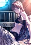  armpits bad_id bad_pixiv_id bare_shoulders bed bed_sheet blanket blue_eyes breasts brown_hair from_side highres long_hair looking_at_viewer medium_breasts midriff navel original rezi short_shorts shorts sitting solo sports_bra stomach 