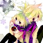  1girl blonde_hair blue_eyes brother_and_sister coffee hair_ribbon kagamine_len kagamine_rin ribbon saya_(sayaya) scarf shared_scarf short_hair siblings smile thighhighs twins vocaloid 