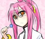  animal_ears blazblue bracelet cat_ears frown glasses jewelry kokonoe long_hair lowres pince-nez pink_hair ponytail solo tellwo yellow_eyes 