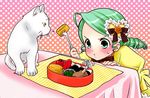  :&lt; cat drill_hair food fork green_eyes green_hair hair_ornament kanaria rozen_maiden sakuragi_akira short_hair solo 