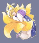  arched_back blonde_hair dress full_body grey_background hands_in_opposite_sleeves hat long_sleeves looking_at_viewer multiple_tails pillow_hat shoes short_hair solo tabard tail tassel totteri touhou white_dress wide_sleeves yakumo_ran yellow_eyes 