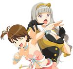  a1 armpits beyond_the_nobles breasts brown_hair cleavage cute_&amp;_girly_(idolmaster) futami_ami grey_hair hands idolmaster idolmaster_(classic) large_breasts multiple_girls one_eye_closed shijou_takane 