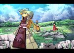  blonde_hair blue_sky brown_hair chen cloud cloudy_sky day garnet grass hands_in_opposite_sleeves hat kouhaku_nawa landscape letterboxed long_hair long_sleeves multiple_girls obi outdoors pillow_hat puffy_short_sleeves puffy_sleeves red_eyes sash scenery shading_eyes shoes short_hair short_sleeves sky touhou waving wide_sleeves yakumo_ran yakumo_yukari 